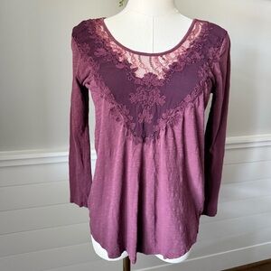 Lucky Brand Top Washed Applique Purple Long Sleeve Open Back Women's Size XS